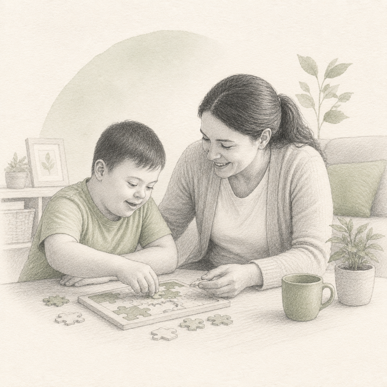 A parent and child working together on an activity at a table.